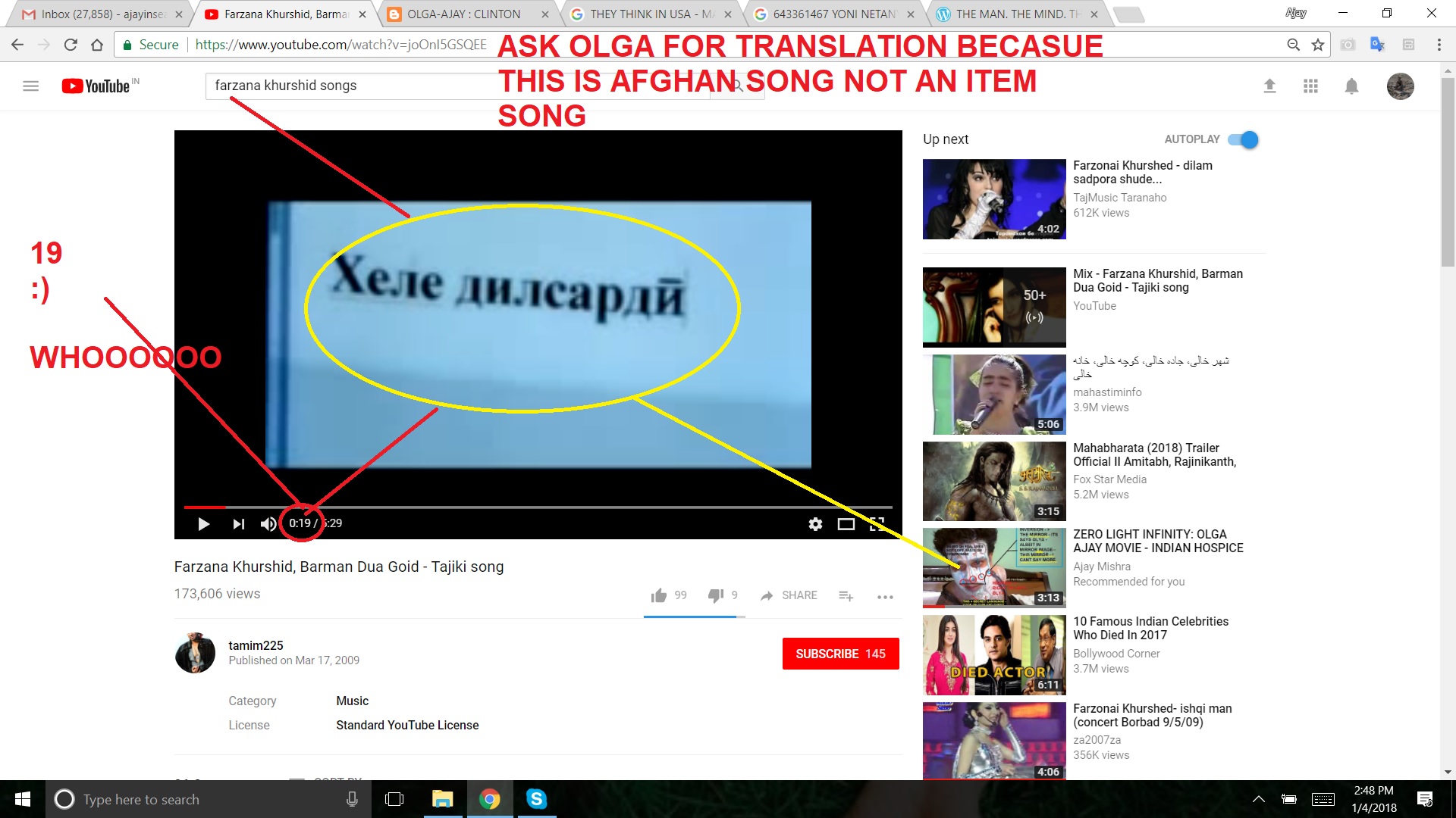 OLGA FARZANA SONG -ASK OLGA FOR TRANSLATION BECAUSE THIS IS AFGHAN SONG NOT AN ITEM SONG
