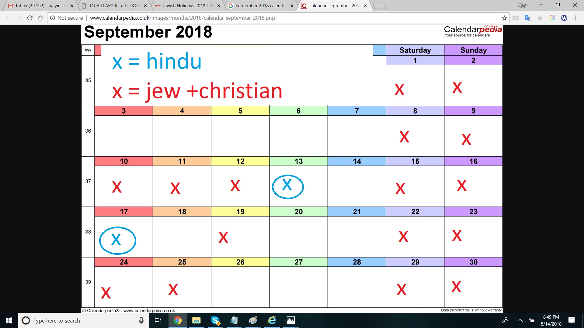 SEPTEMBER 2018 HINDU AND JUDEAO CHRISTIAN CALENDAR HOLY HOLIDAYS