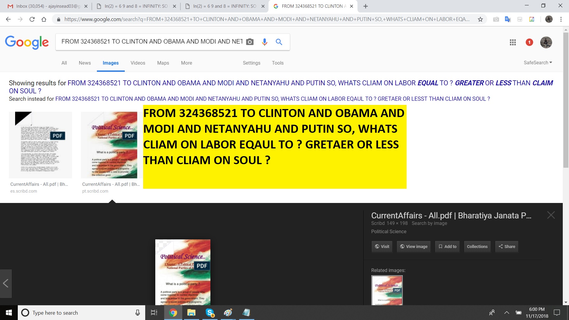 FROM 324368521 TO CLINTON AND OBAMA AND MODI AND NETANYAHU AND PUTIN SO, WHATS CLIAM ON LABOR EQAUL TO GRETAER OR LESST THAN CLIAM ON SOUL