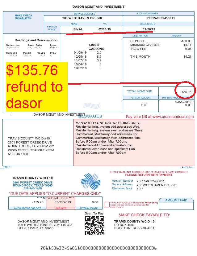 $135.76 refund to DASOR FROM THE WATER COMPANY