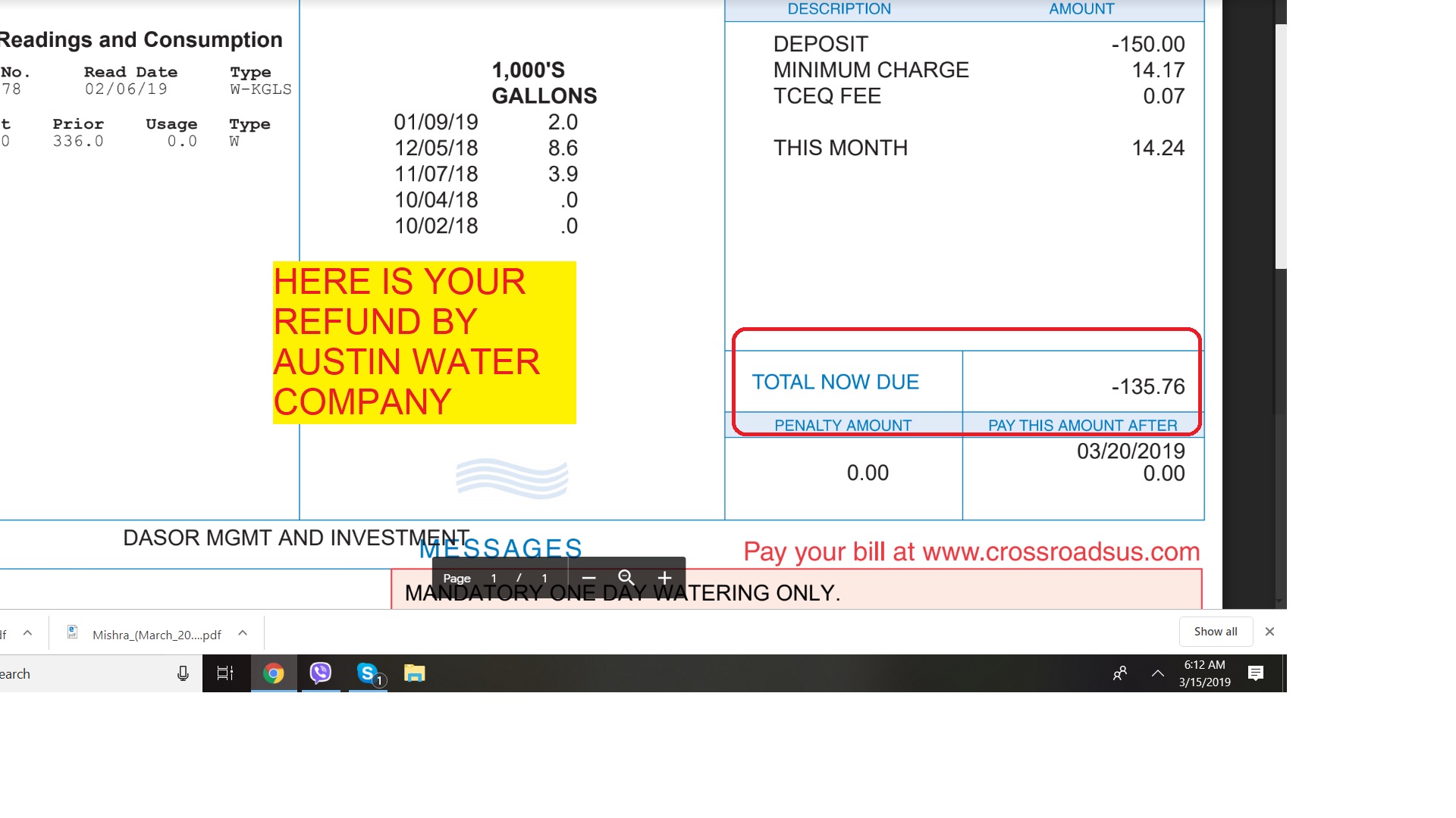 WATER REFUND - $136.76