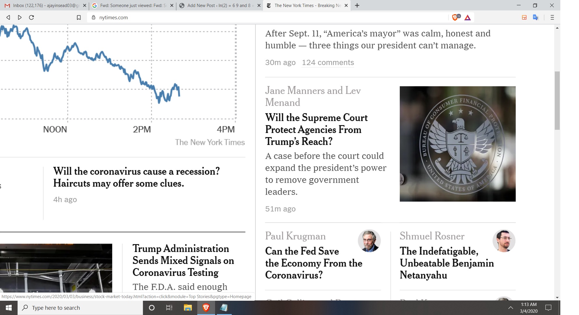 MARCH 3 SUPER TUESDAY MARCH 23 2020 NE WYORK TIMES DOWN AND S N P DOWN CHINA VARIS IS THE CAUSE THEY SAY FED CUT RATES DOWN