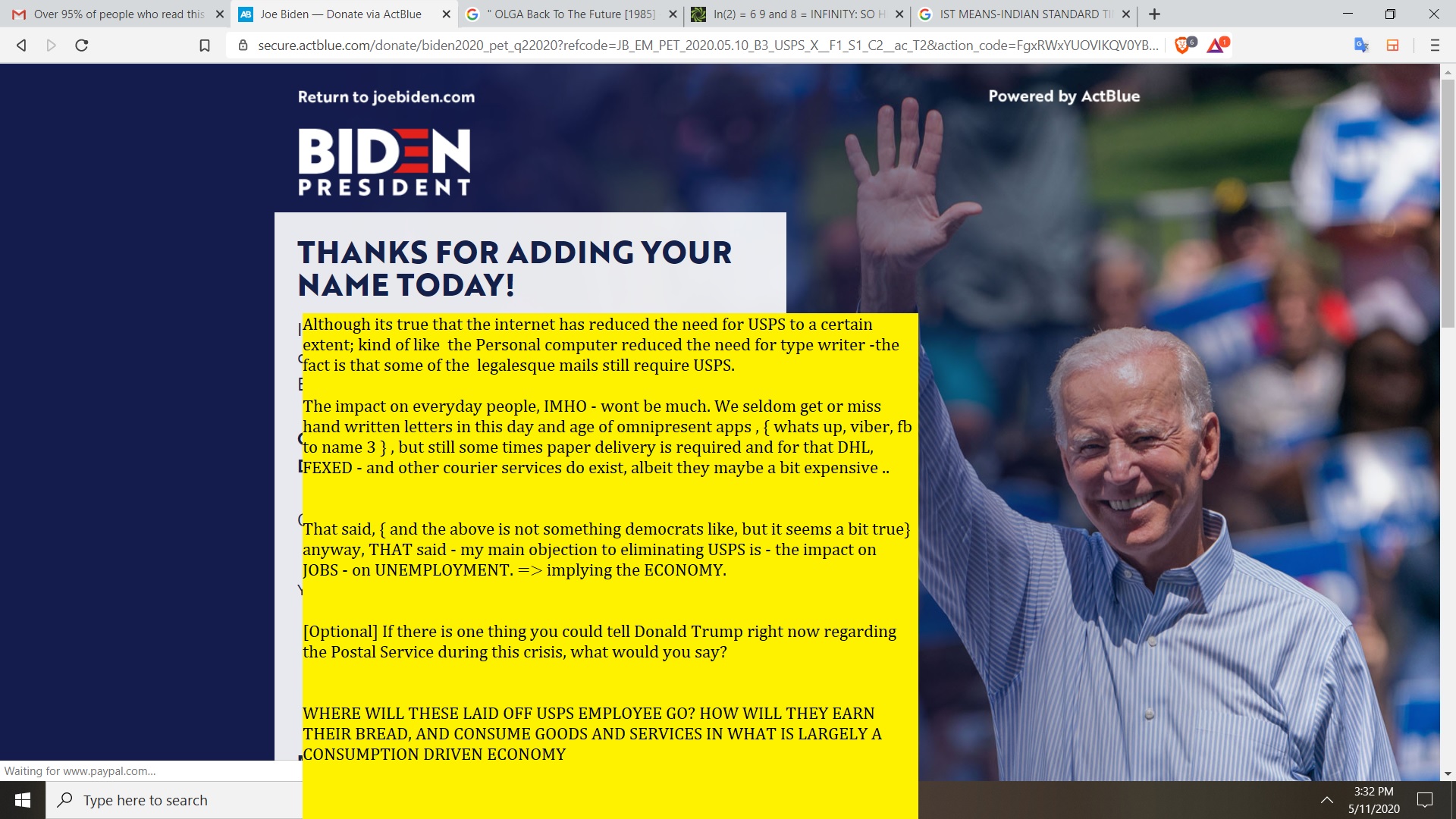 FROM AJAY MISHRA ON USPS EMAIL RESPONSE FOR JOE BIDEN