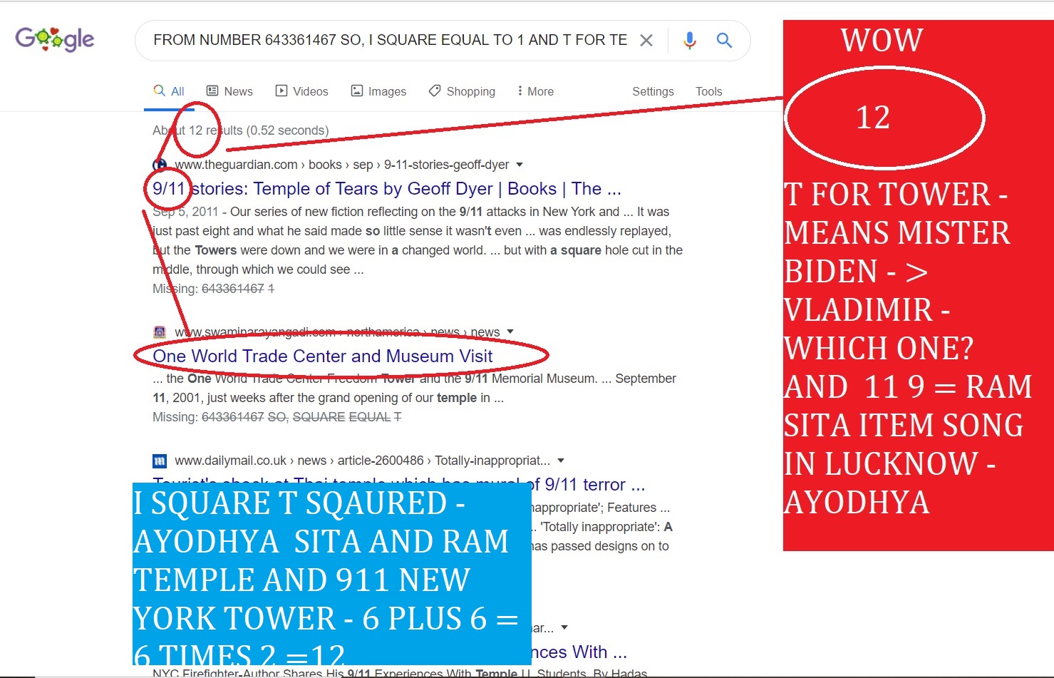 I SWQARE T SQAURED - AYODHYA SITA AND RAM TEMPLE AND 911 NEW YORK TOWR - 6 PLUS 6 = 6 TIMES 2 =12