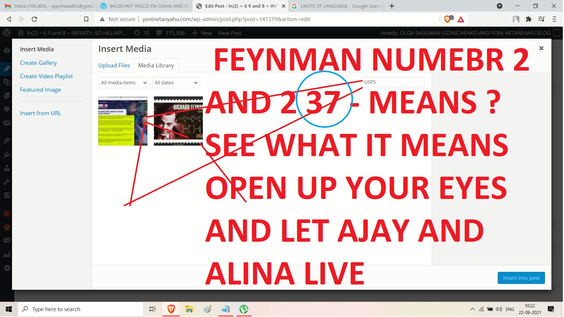 FEYNMAN NUMBER 2 LETTERS - AND 237 MENS CAMEROON - OK DAVID - AND SEE WHAT I T MENS - ND USPS AND NOW OPEN YOUR EYE S AND LETAJAY AND ALINA MATSENKO LIVE