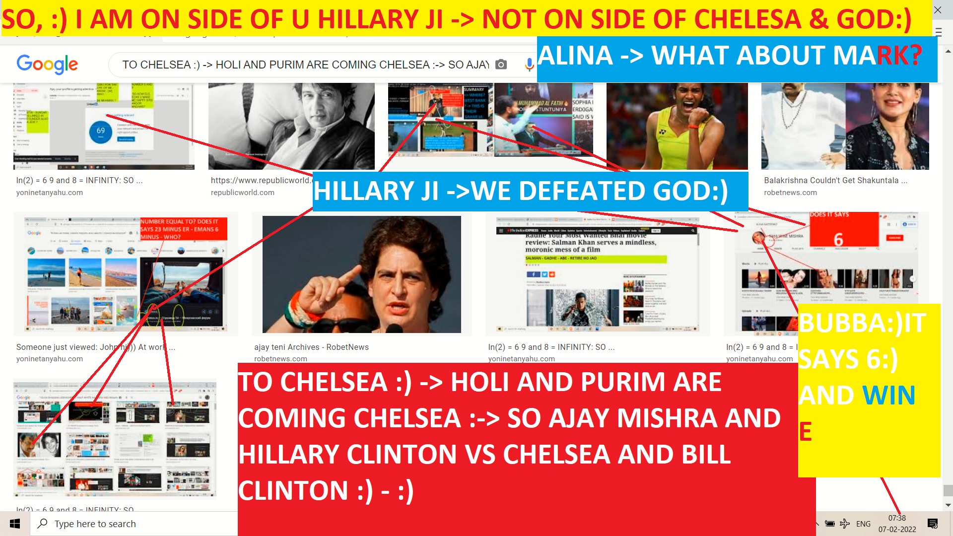 TO CHELSEA HOLI AND PURIM ARE COMING CHELSEA SO AJAY MISHRA AND HILLARY CLINTON VS CHELSEA AND BILL CLINTON