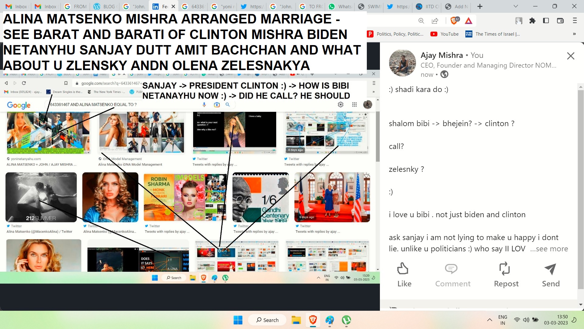 ALINA MATSENKO MIISHRA ARRANGED MARRIAGE - SE BARAT AND BARATI OF CLINTON MISHRA BIDEN NETANYHU SANJAY DUTT AMITBAH BAHCHAN AND WHAT ABOUT U ZLENESKY ANDN OLENA ZELESNAKYA