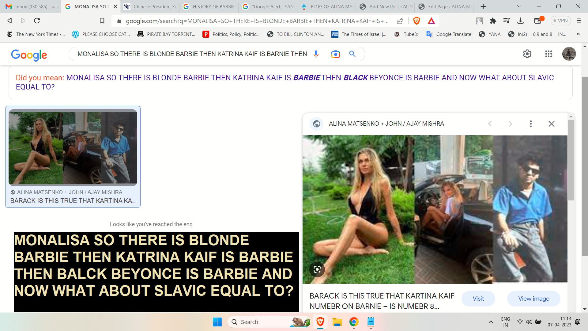 MONALISA SO THERE IS BLONDE BARBIE THEN KATRINA KAIF IS BARBIE THEN BALCK BEYONCE IS BARBIE AND NOW WHAT ABOUT SLAVIC EQUAL TO MISISON VISION STORY ND COMMUNICATION