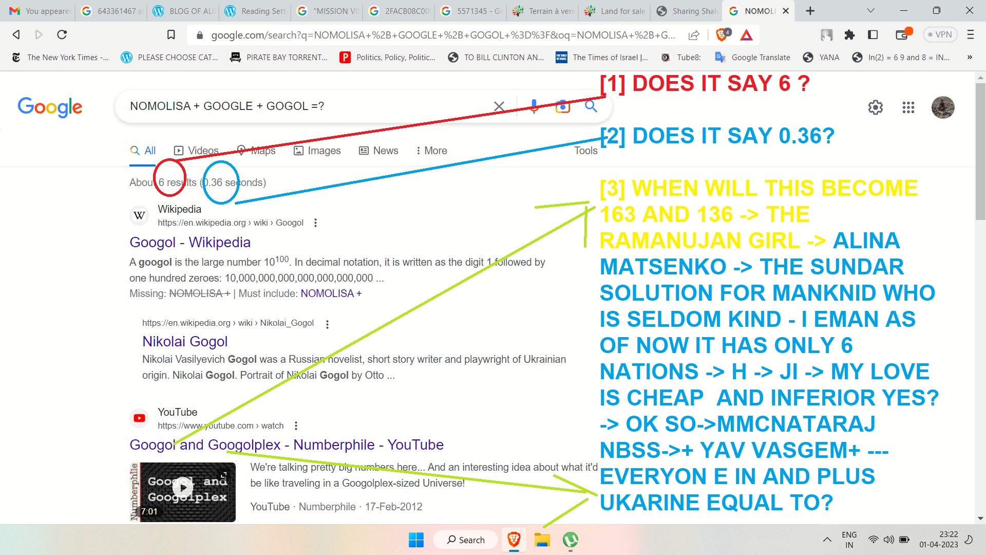NOMOLISA + GOOGLE + GOGOL =?  [1] DOES IT SAY 6 ?  [2] DOES IT SAY 0.36?  [3] WHEN WILL THIS BECOME 163 AND 136 -> THE RAMANUJAN GIRL -> ALINA MATSENKO -> THE SUNDAR SOLUTION FOR MANKNID WHO IS SELDOM KIND - I EMAN AS OF NOW IT HAS ONLY 6 NATIONS -> H -> JI -> MY LOVE IS CHEAP  AND INFERIOR YES? -> OK SO->MMCNATARAJ NBSS->+ YAV VASGEM+ --- EVERYON E IN AND PLUS UKARINE EQUAL TO?  alina matsneko ajay mishra tramanujan and ramanujan real loeve story andthe irodov plus ramanujan plus clinton item song for netanayhu -> is me say - biden - macron and insead and iit kanour and wharton nd heberw uievristy and harvard and sorborbrone nd china - tinshua and colvin collge and - i cant tye mroe -> zelenesky - did me say - alina memsaheb not alina -> kak dila moi drig -> poltava -> paris -> and whats teh ebst otehr p word s u now - did me ay madarchis -> hidnus nd jews 0deid mesay something? this is caled 643361467 and misison  vison story and communication and its not sissy cybery war biut beyond