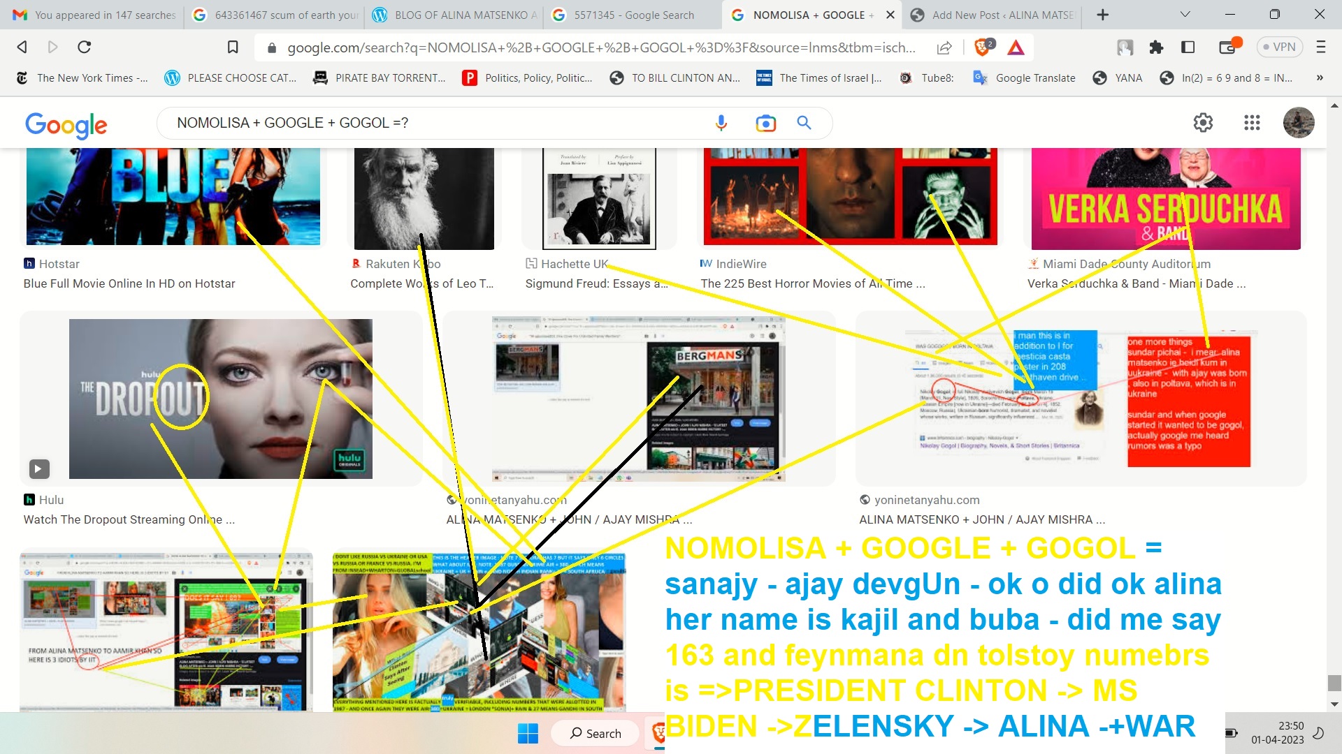 NOMOLISA + GOOGLE + GOGOL =?  [1] DOES IT SAY 6 ?  [2] DOES IT SAY 0.36?  [3] WHEN WILL THIS BECOME 163 AND 136 -> THE RAMANUJAN GIRL -> ALINA MATSENKO -> THE SUNDAR SOLUTION FOR MANKNID WHO IS SELDOM KIND - I EMAN AS OF NOW IT HAS ONLY 6 NATIONS -> H -> JI -> MY LOVE IS CHEAP  AND INFERIOR YES? -> OK SO->MMCNATARAJ NBSS->+ YAV VASGEM+ --- EVERYON E IN AND PLUS UKARINE EQUAL TO?  alina matsneko ajay mishra tramanujan and ramanujan real loeve story andthe irodov plus ramanujan plus clinton item song for netanayhu -> is me say - biden - macron and insead and iit kanour and wharton nd heberw uievristy and harvard and sorborbrone nd china - tinshua and colvin collge and - i cant tye mroe -> zelenesky - did me say - alina memsaheb not alina -> kak dila moi drig -> poltava -> paris -> and whats teh ebst otehr p word s u now - did me ay madarchis -> hidnus nd jews 0deid mesay something? this is caled 643361467 and misison  vison story and communication and its not sissy cybery war biut beyond   MISSION-VISION-STORY-AND-COMMUNICATION NOMOLISA + GOOGLE + GOGOL = sanajy - ajay devgUn - ok o did ok alina her name is kajil and buba - did me say 163 and feynmana dn tolstoy numebrs is =>PRESIDENT CLINTON -> MS BIDEN ->ZELENSKY -> ALINA -+WAR