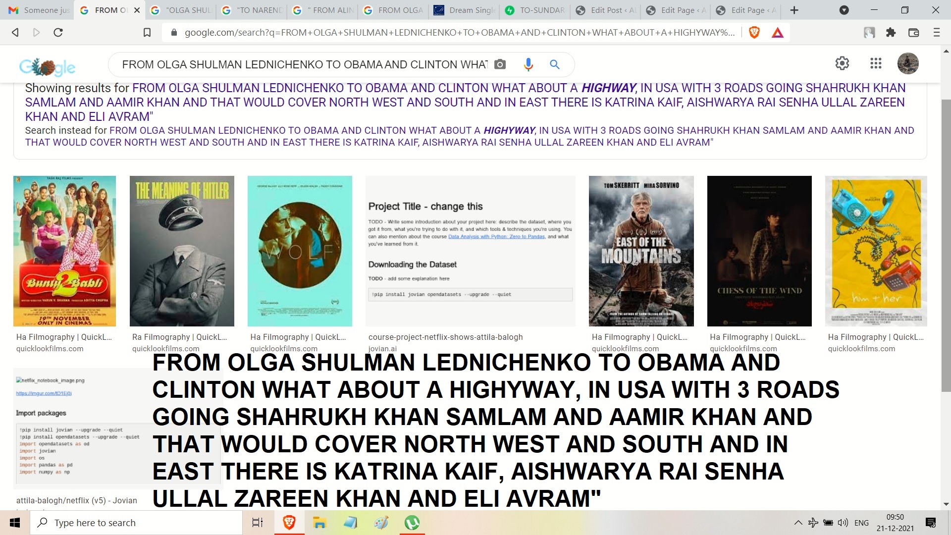 FROM OLGA SHULMAN LEDNICHENKO TO OBAMA AND CLINTON WHAT ABOUT A HIGHYWAY, IN USA WITH 3 ROADS GOING SHAHRUKH KHAN SAMLAM AND AAMIR KHAN AND THAT WOULD