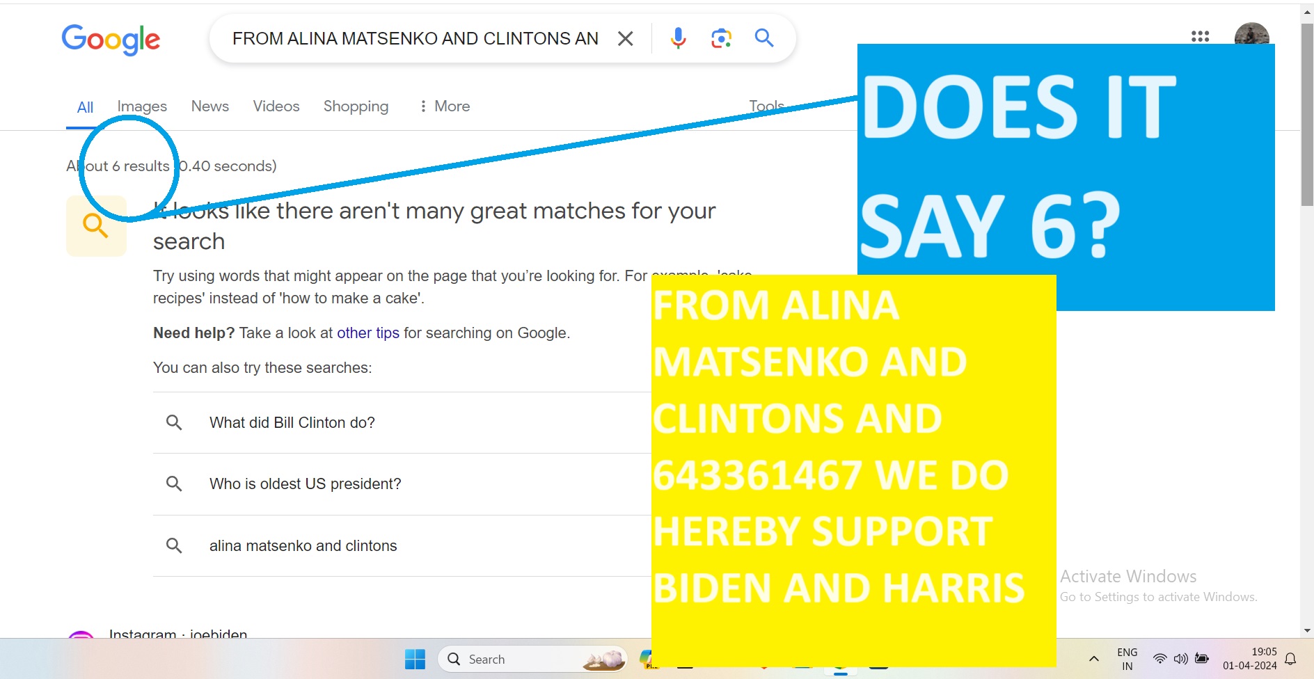 FROM ALINA MATSENKO AND CLINTONS AND 643361467 WE DO HEREBY SUPPORT BIDEN AND HARRIS